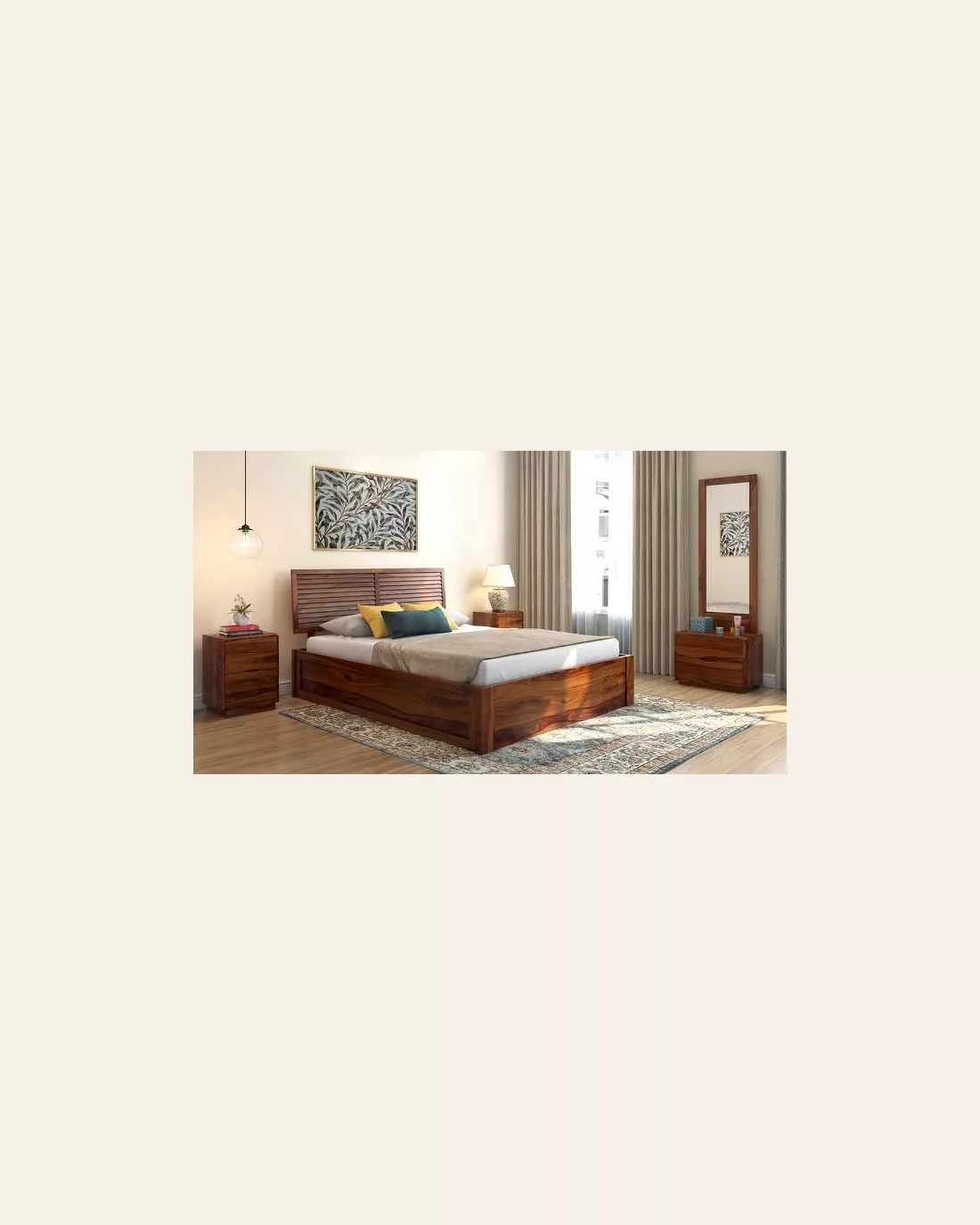 Teak Finish King Storage Bed