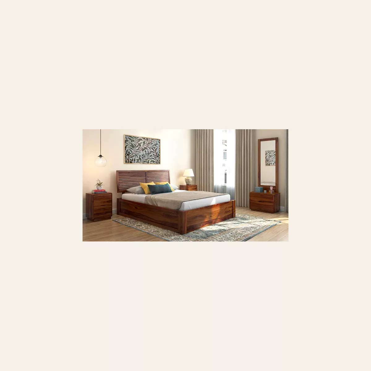 Teak Finish King Storage Bed
